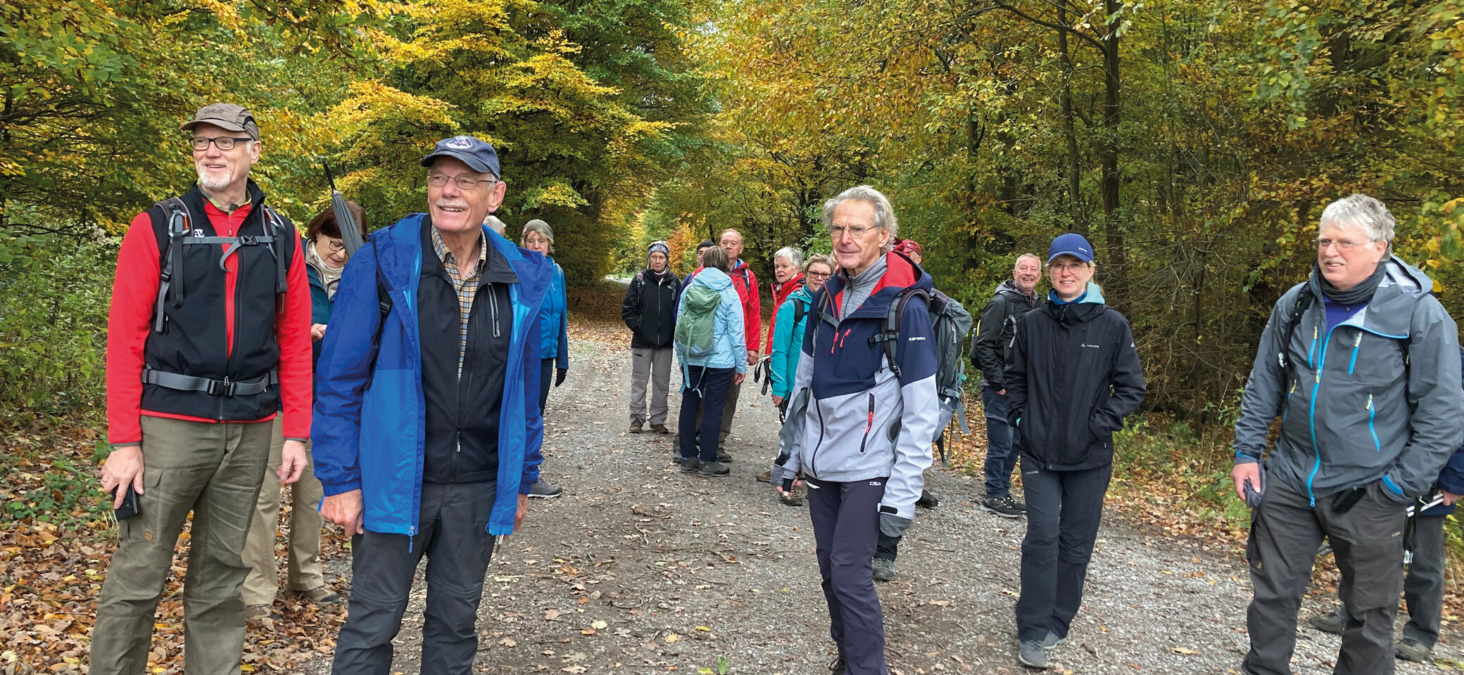 Es sind ca. 15 Wanderer auf einem Waldweg zu sehen im Herbst | © DAV Münster